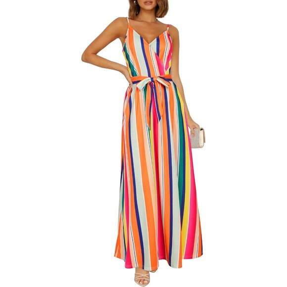 Women's Floral Maxi Dress V Neck Spaghetti Strap Pockets Casual Summer